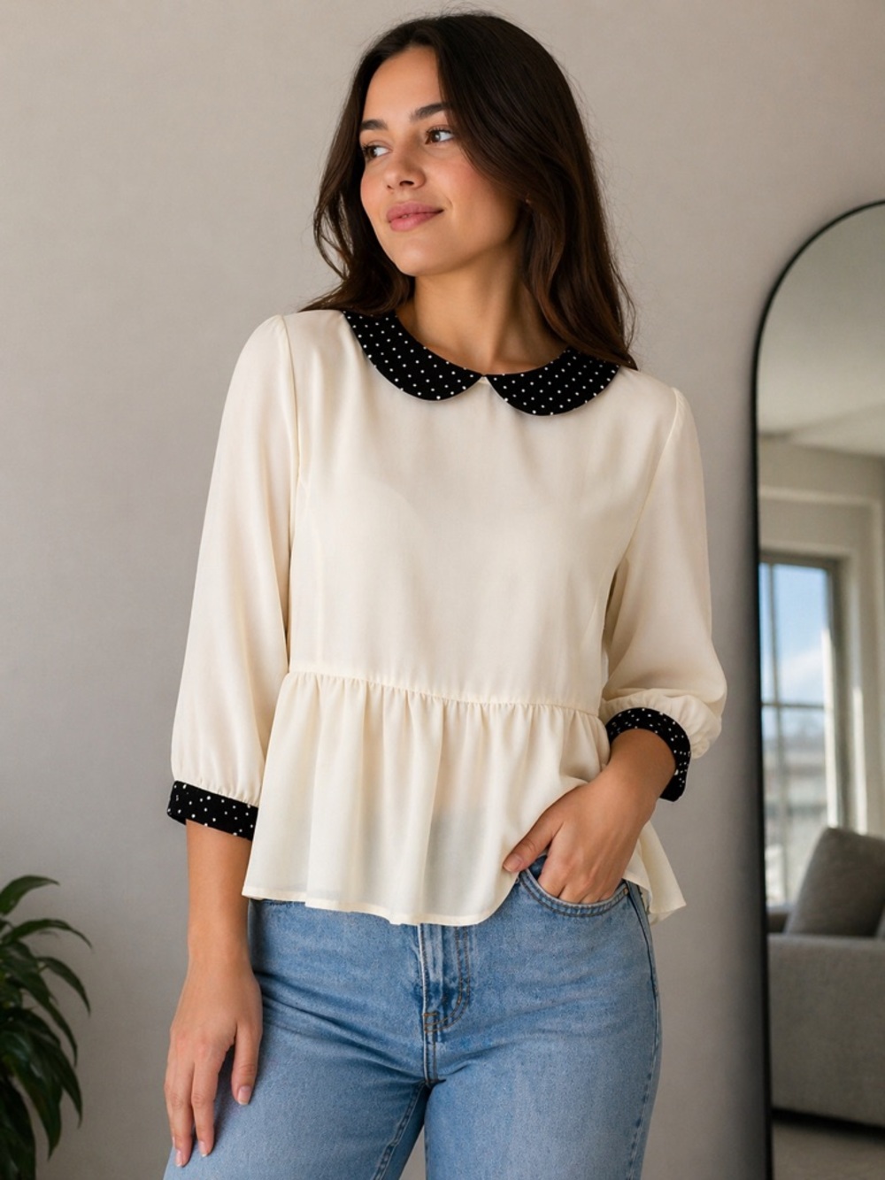 GBG Los Angeles Cream Blouse with Black Polka Dot Trim